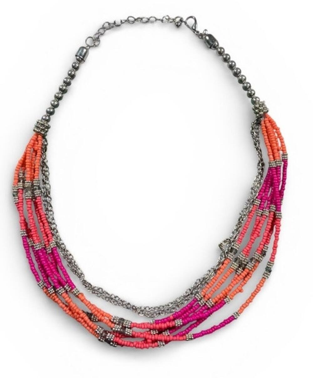 Vtg Multi Strand Beaded Necklace Orange Pink Silver Costume Jewelry Boho Western